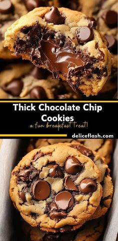 chocolate chip cookies are stacked on top of each other with text overlay that reads thick chocolate chip cookies