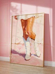 an abstract painting of a person's legs in white shoes on a pink wall