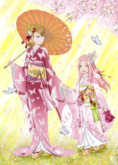 two women in kimonos under an umbrella