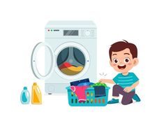 a young boy is sitting next to a washing machine with his laundry basket in front of it