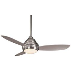 a ceiling fan that is on top of a white wall and has two blades in it