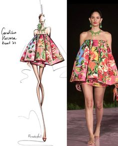 a fashion sketch and an image of a woman's dress with flowers on it