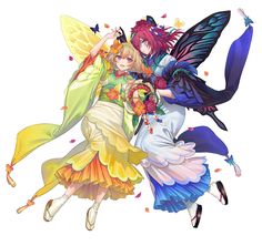 two women dressed in fairy costumes, one holding a flower and the other carrying a bird