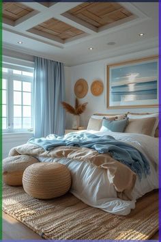 a large bed sitting under a window next to a rug on top of a wooden floor