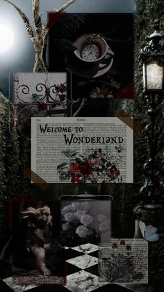 a collage of photos with the words welcome to wonderlandland on it and an image of a clock