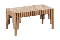 a table made out of bamboo sticks and some sort of stool with holes in the top