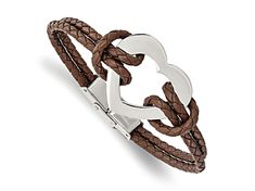 Stainless steel braided brown leather bracelet with polished finish open heart charm and fold over catch clasp. Bracelet measures approximately 7 1/2"L x 1/4"W, charm measures approximately 1 1/8"L x 1 1/4"W. Twisted Bangle, Heart Anklet, Woven Necklace, Brown Leather Bracelet, Black Leather Bracelet, Snake Chain Bracelets, Stainless Steel Polish, Bow Jewelry, Polished Stainless Steel