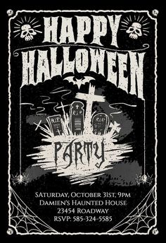 a black and white poster with the words happy halloween party