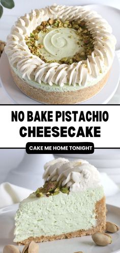 no bake pistachio cheesecake on a white plate with the title above it