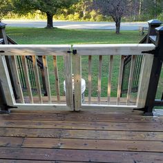 there is a dog that is standing on the deck