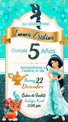 the princess and the frog birthday party flyer is shown in blue, gold and white