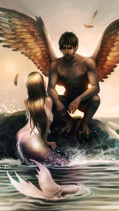 a man and woman sitting on top of a body of water next to an angel