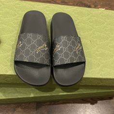 Brand New Gucci Slides Comes With Box And Dustbag Designer Gucci Slides With Cushioned Footbed, Gucci Cushioned Slides, Gucci Cushioned Open Toe Slides, Designer Gucci Slip-on Slides, Luxury Gucci Slip-on Slides, Gucci Slides, Gucci Black, Gucci Shoes, Flip Flop Sandals