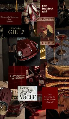 the collage shows different types of red and gold accessories, including an old car