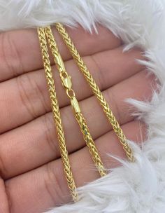 Charm your loved one with this elegant Solid 10K Gold Palm Wheat Franco Foxtail Chain Necklace. This trending dainty necklace is a perfect for everyday use! It is easy to layer on with some of your other favorite pieces. It also looks very beautiful with your favorite charms or even if you wear it alone! DETAILS * Metal: Gold * Purity: 10K (Stamped for Authenticity) Not plated or filled * Width: 3.0 mm, 3.5mm * Bracelet Length: 7inch 7.5inch 8inch 8.5inch 9inch * Chain Length: 16inch 18inch 20in Gold Chain Necklace Men, Chain Necklace Men, Necklace Man, Gold Jewels Design, Necklace Men, Gold Chain Necklace