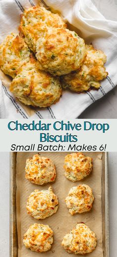 cheddar chive drop biscuits are on a baking sheet and in a pan