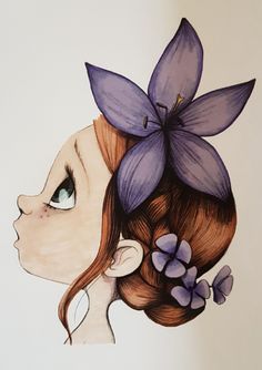 a drawing of a girl with purple flowers in her hair and butterfly on her head