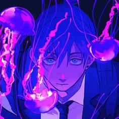 a man in a suit and tie with jellyfish around his neck, staring at the camera