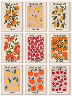 an assortment of fruit market cards with oranges and apples