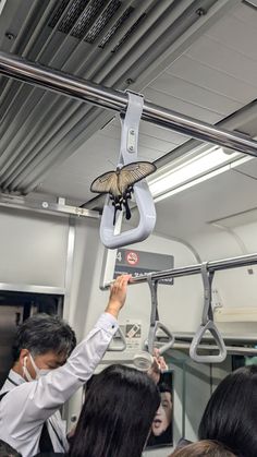 a group of people on a train with masks hanging from the ceiling