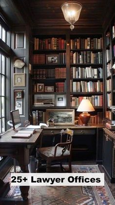 a home office with lots of bookshelves and desks in the corner, along with a lamp