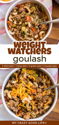 two bowls of weight watchers goulash on a wooden table