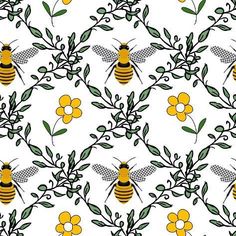 a pattern with bees and flowers on a white background