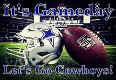 two football helmets sitting next to each other on a field with the words it's gameday let's go cowboys