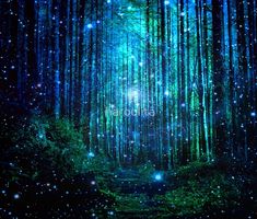 a tapestry hanging on the side of a wall with trees and stars in the sky