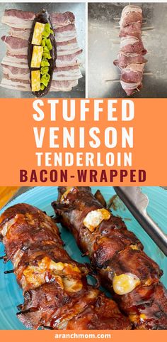 bacon wrapped deer tenderloin on blue plate Bacon Wrapped Venison Tenderloin, Deer Tenderloin Recipes, Bacon Wrapped Venison, Tenderloin Recipes Oven, Venison Tenderloin Recipes, Bacon Wrapped Tenderloin, Bacon Wrapped Steak, Bacon Wrapped Beef