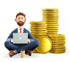 a man sitting in front of stacks of gold coins with a laptop on his lap