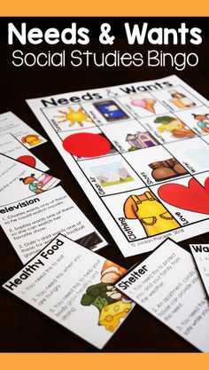 several cards with words and pictures on them that read needs & wants social studies bingo