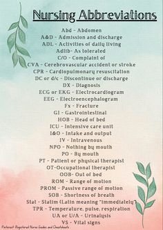 Nursing abbreviations for nursing school or new graduate Nursing Abbreviations, Nursing Hacks, Nursing Knowledge, Nurse Education, Activities Of Daily Living, Med Surg, Nursing Tips, Vital Signs