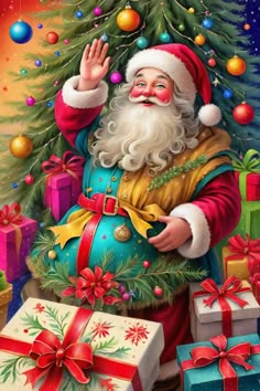 a painting of santa claus with presents under a christmas tree