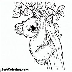 a coloring page with a koala bear hanging on a tree branch in the jungle