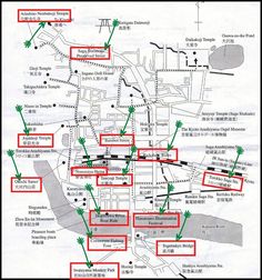 a map with red and green arrows pointing to different locations in the same direction on it