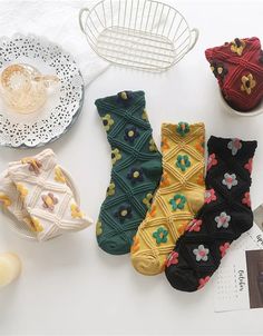 2 PCS Spring Flower Soft Cotton Socks for Women — Obiono Boho Socks, Texture Socks, Flower Socks, Floral Socks, Trendy Socks, Cartoon Flowers, 3d Embroidery, Flower Soft, Style Japonais