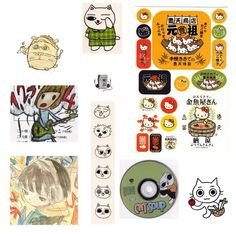 various stickers and decals are displayed on a white surface, including an anime character