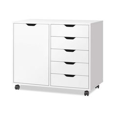 a white cabinet with five drawers and four black handles on casteors, against a white background