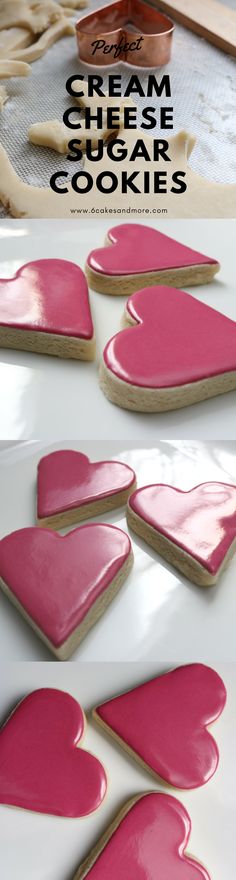 heart shaped cookies with pink icing on top