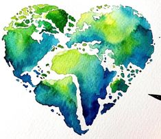 a watercolor drawing of a heart shaped piece of paper with green and blue paint