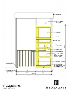 an architectural drawing shows the front and back sides of a building with yellow trimmings