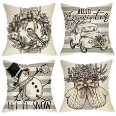 four pillows with snowmen and wreaths on them