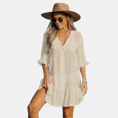 Lie out by the pool in this woven swim cover-up dress featuring a V-neckline, dropped short sleeves, button-front closures, ruffled trim, and a midi hem. The V-neckline style design adds a touch of femininity, while the relaxed fit ensures a flattering silhouette. So whether you're lounging by the pool or taking a stroll along the shore, this cover-up dress has got you covered! Product Code: CAA07B2M013CC/CAA07B2M013AA/CAA07B2M013GG/CAA07B2M013PP/CAA07B2M013ED,CAA07B2M013DD/CAA07B2M013RR,CAA07B2 Miraclesuit Swimwear, Swim Cover Up Dress, Bathing Suit Cover, Bathing Suit Cover Up, Swim Cover, Cover Up Dress, Cover Up, Pool, White