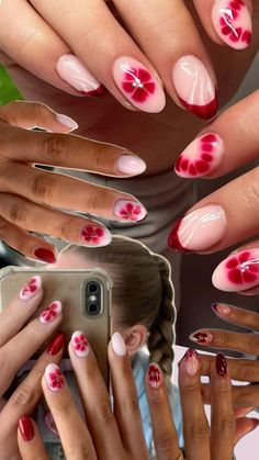 Biab Nails Inspiration Summer 2024, Red Flower Nails, Blush Nails, Summery Nails, Soft Nails, Girls Nails, Short Acrylic Nails Designs, Hot Nails