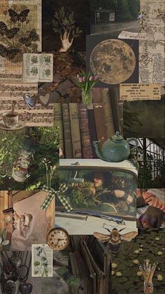 collage of various images including books, plants and other things in the middle of it