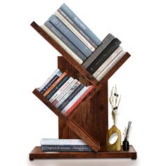 a wooden book shelf with books on it