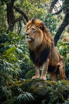 a large lion standing on top of a lush green forest