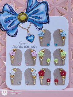 Flower Nail Gems, Nail Charm Placement Ideas, Nail Bling Placement, Nail Charm Designs Simple, Charm Placement On Nails, Nail Charm Placement, Crystal Flower Nails