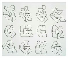 the letters and numbers are drawn in black ink on white paper, each letter has an arrow